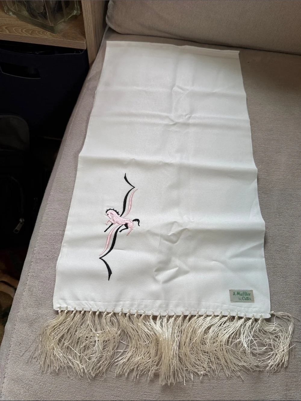 Vintage Cream Scarf with Pink and Black Embroidered Detail